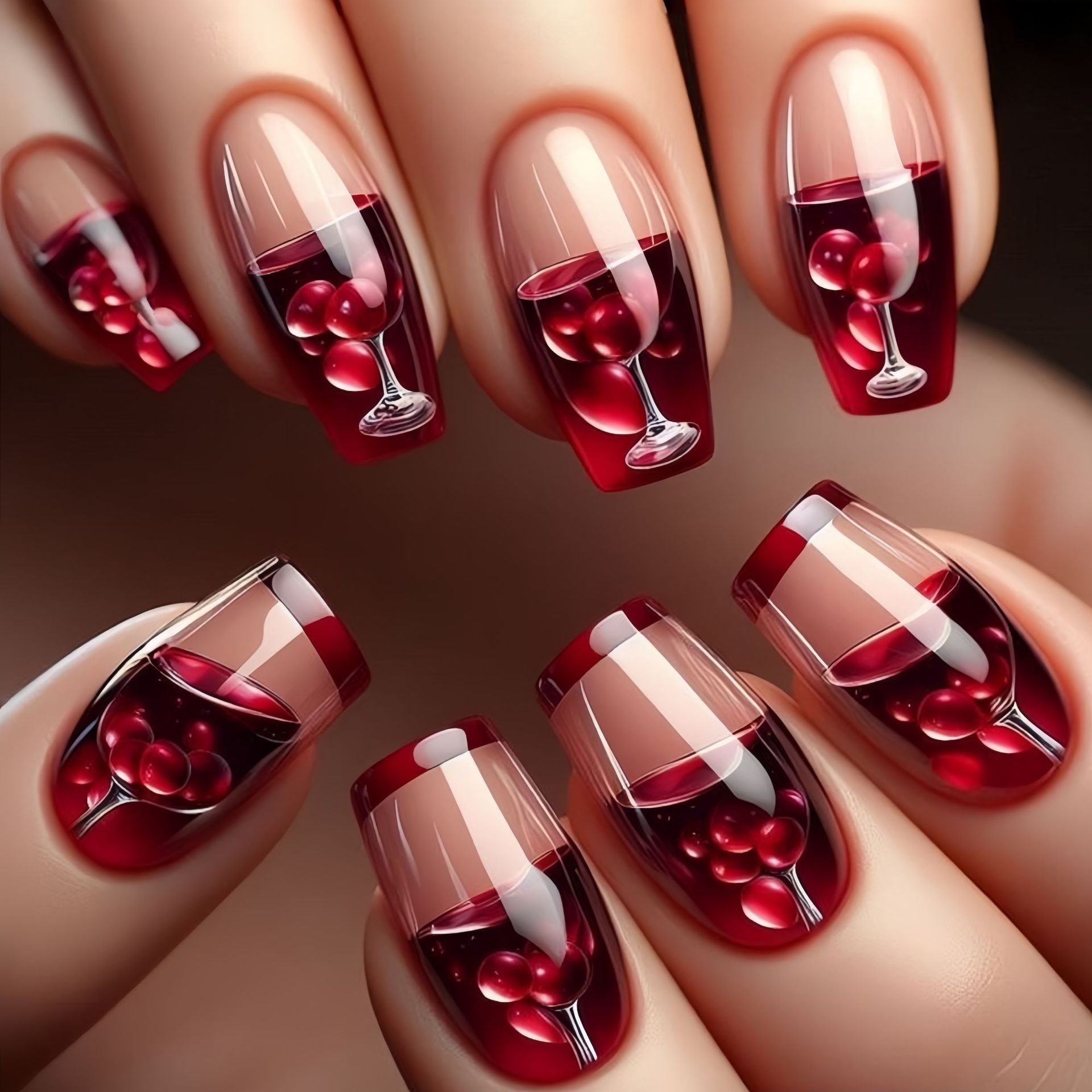 Nail Art Red Wine - Unghie finte medio lunghe per donne
