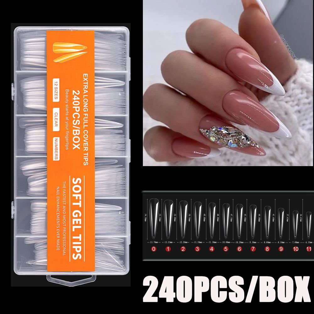 Nail Art Xxl - 240 Pezzi/Scatola Unghie Finte Trasparenti XXL